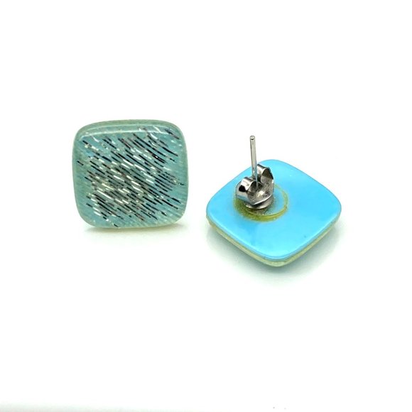 Confetti Lucite Vintage Stud Earrings, Pastel Blue Squares with Silver Sparkles - Picture 5 of 5